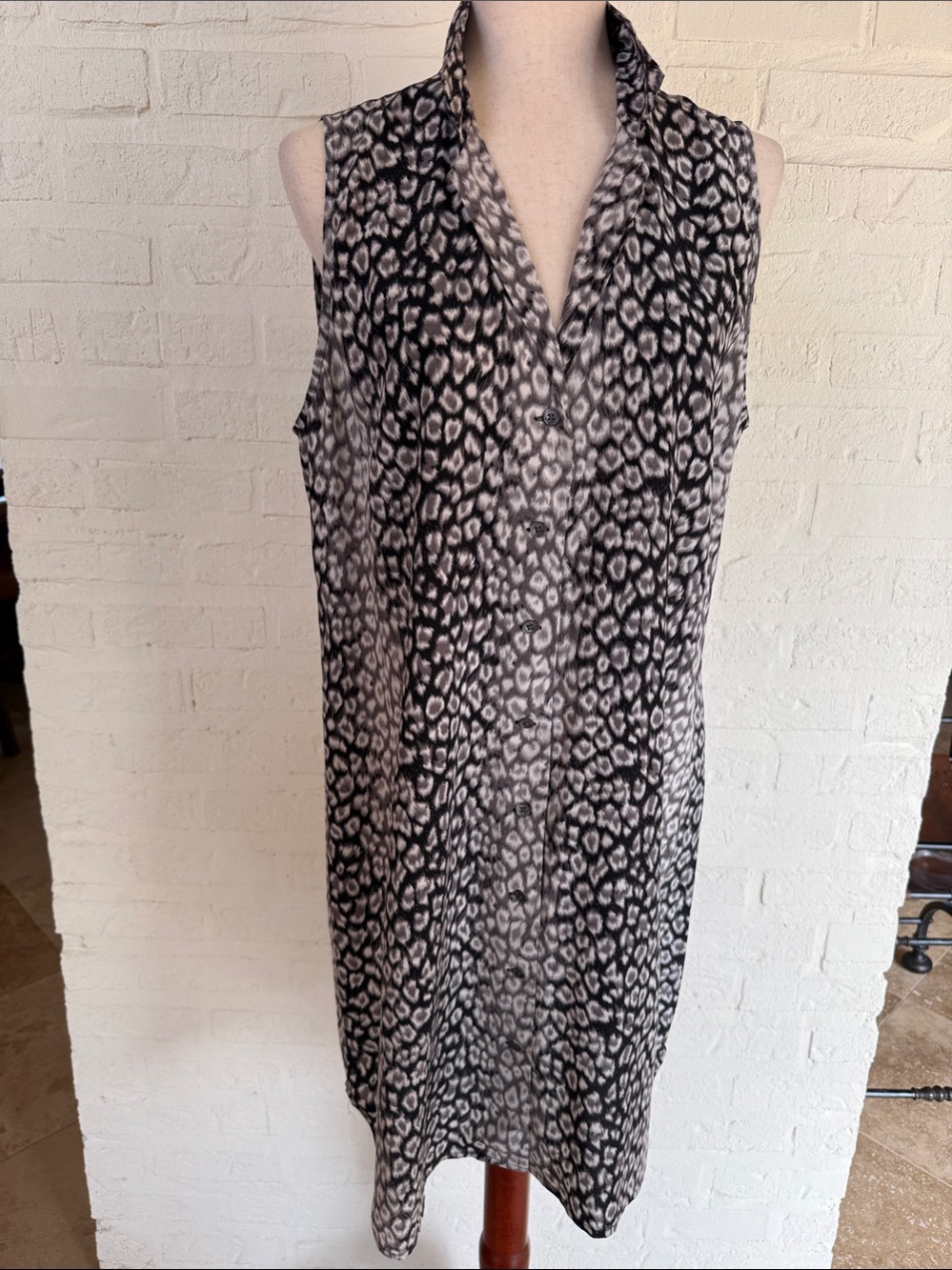 Equipment Sleeveless Silk Dress in Black and White Animal Print